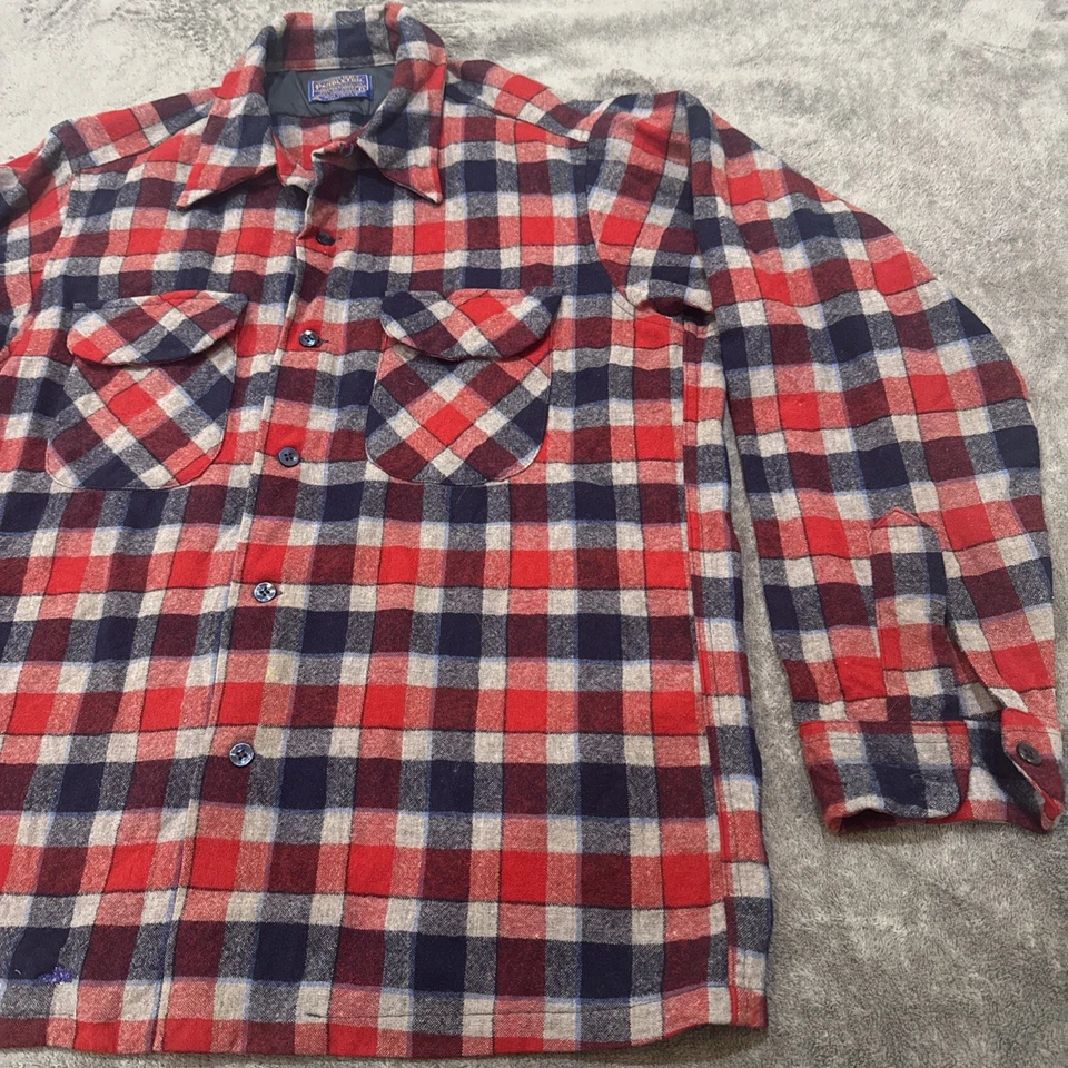 Camisa De Colección Años 60 Pendleton Lana Tablero Franela Lazo Botón ROJO AZUL Cuadros GRANDE L Foto 2 de 4