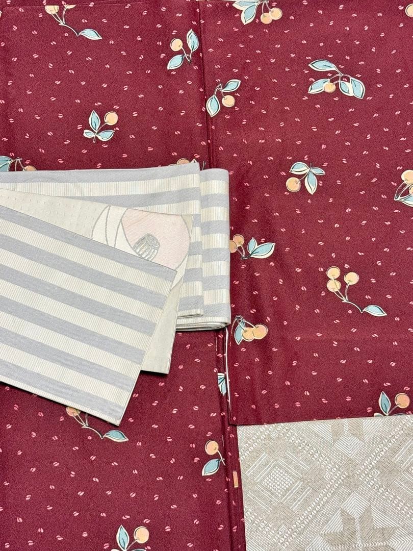 KANSAI Cherry Pattern Polyester Komon Kimono - Bu… - image 6