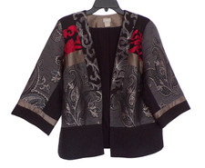 1 M 8 10 Chicos Patchwork Metallic Jacket Black Gold Red Embroidered Open Front