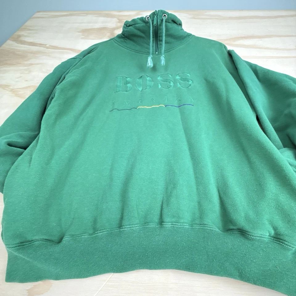 Sudadera con Capucha De Colección Años 90 Hugo BOSS America Verde Teal ColorBlock Spellout Talla Mediana Foto 2 de 4