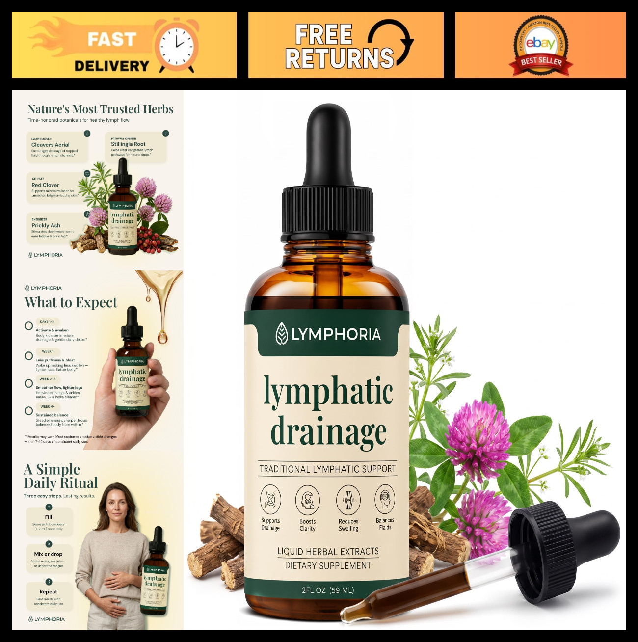 Lymphatic Drainage Drops for Bloat Relief, De-Puff Face & Legs, Vegan Detox 2 Fl