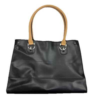 London Fog Black Tote Bag Tan Handles Minimalist Preppy Chic Old Money Classic