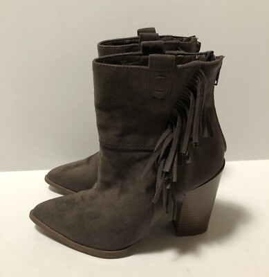 JUSTFAB Kaiya Brown Faux Suede Fringe High Heel Ankle Boots Zip Women’s Sz 