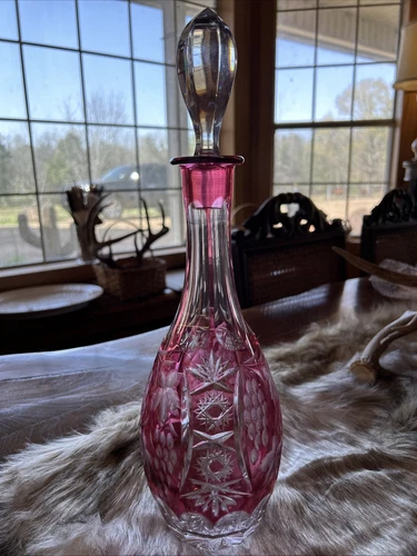 Vtg Decanter Crystal Cut to Clear Cranberry Red Nachtmann Traube Germany Bavaria