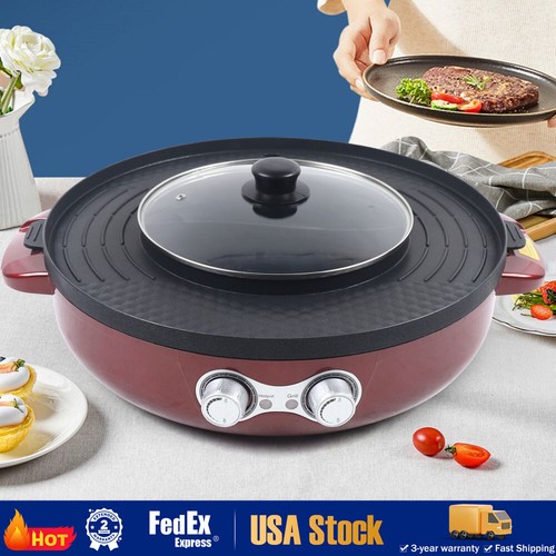 2 in 1 Electric Smokeless Grill and Hot Pot BBQ Grill Soup Shabu Pot 2200W 110V