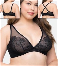 Curvy Couture Glistening Sheer Embroidery UW Bra 1296 NWT 62 US Sz D - H Black