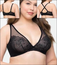 Curvy Couture Glistening Sheer Embroidery UW Bra 1296 NWT $62 US Sz D - H Black