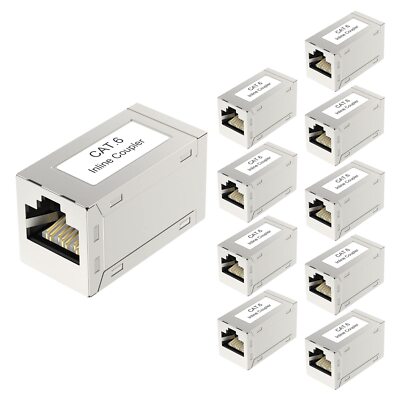 RJ45 Cat6 Coupler Shielded CAT6/5E/5 Inline PoE Female Silver 10 Pack