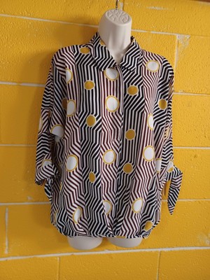 Blousy Top SMALL Pull Over BLOUSE Yellow Mustard Brown Stripes & Circles ALFANI