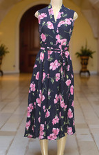 Papillon Women's Belted Wrap Dress Sleeveless Floral Navy Sheer Size L