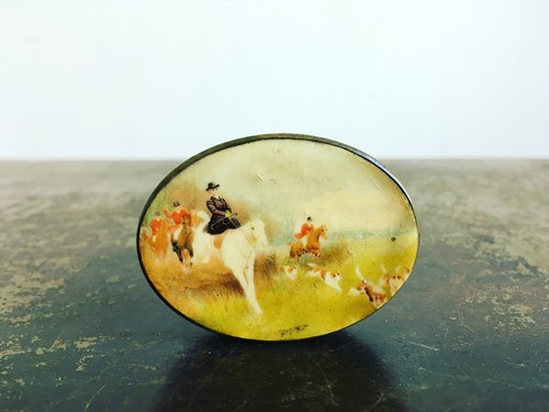 Antica Snuff Box Rurale Volpe Scena Caccia Cavalli Cacciatrice Ottone c1920s
