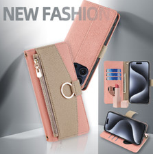 Women Zipper Leather Card Flip Wallet Shoulder Gold Strap Phone Case Cover