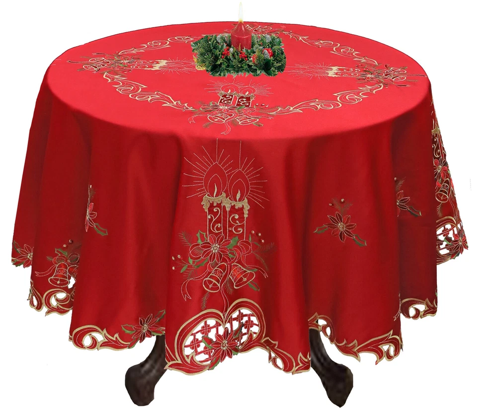 Holiday Christmas Poinsettia Bell Candle Tablecloth With Napkins RED GOLD - Image 2 of 4
