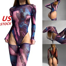Women Bodysuit Top Colorful Ultrathin Mesh Jumpsuit Long Sleeve Thong Leotard