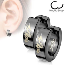 Stainless Steel Small Dome Hinged Hoop Earrings Pair 20 GA Black Dragon