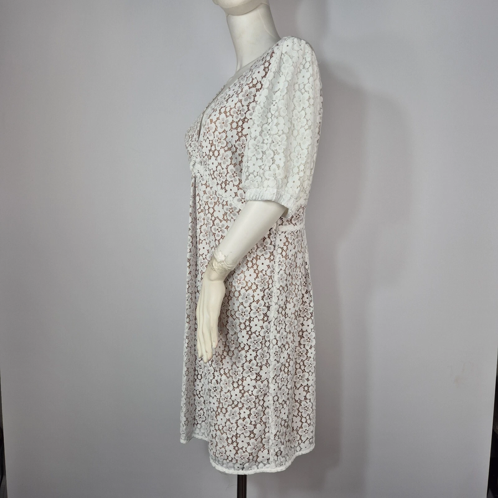 Mini abito donna Michael Kors taglia 8 scollo a V pizzo bianco foderato manica corta (03