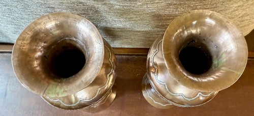 Copper Looking Vase W/ Possible Silver-inlay, Egyptian Scenes, Set Of 2 - Picture 6 of 9
