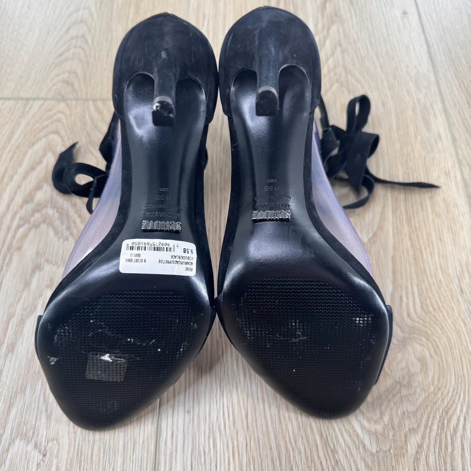 Schutz Talla 9.5 Negro Gamuza Nubuck Tie Sandalia Peep Toe Tacón Alto Cuero Zapato Foto 3 de 4