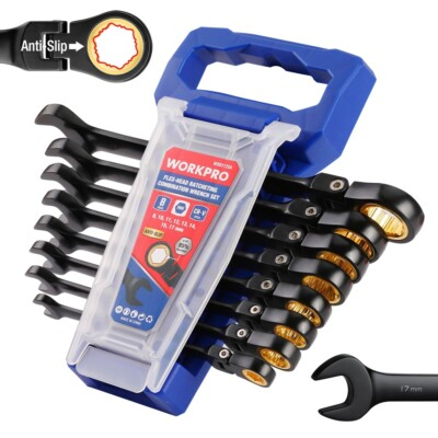 #ad WORKPRO 8PC Flex Head Ratcheting Wrench Set Metric 8 17mm Anti slip Set 72 Teeth $38.69