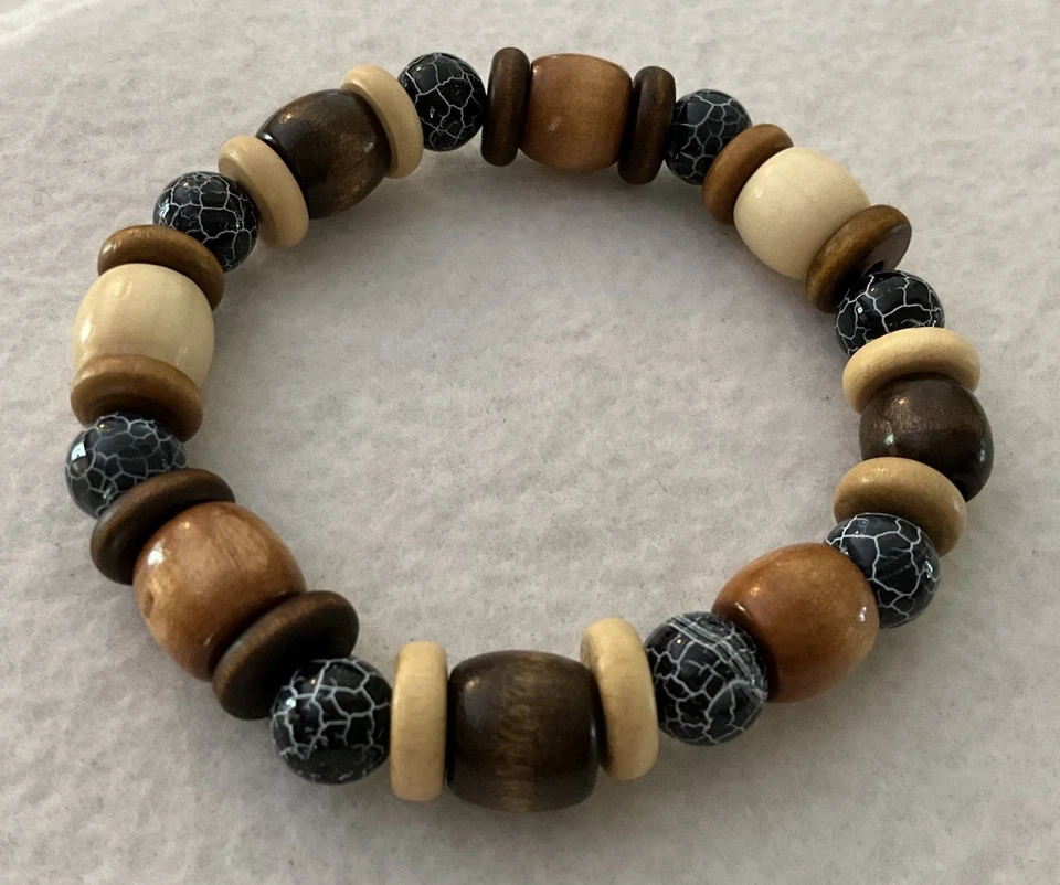 "Pulsera elástica hecha a mano para hombre gris oscuro de jade Henan y cuentas de madera/8,5"" de longitud" Foto 2 de 2