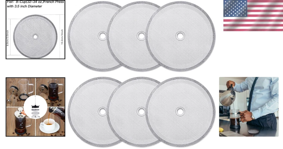 6 Pack Stainless Steel Mesh Filters for Ultimate French Press Brewing Experience - Image 2 of 4