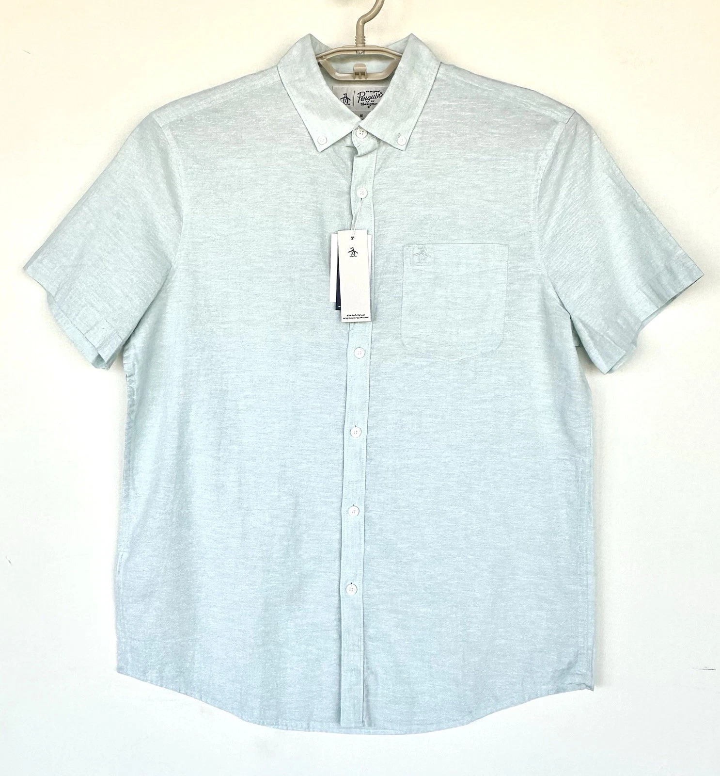 Penguin Linen Blend Mint Mens Short Sleeve Shirt Retail $85 Size S