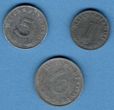 1941 Germany Third Reich. Set 3 zinc coins: 1, 5, 10 Reichspfennig SWASTIKA 421