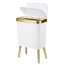 White and Gold Bathroom Trash Can Slim Garbage Can with Lid 4 Gallon Kitchen