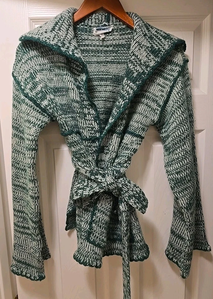 Vintage Green & White Gormay Cardigan Sweater w/Tie Double Knit - Image 2 of 4