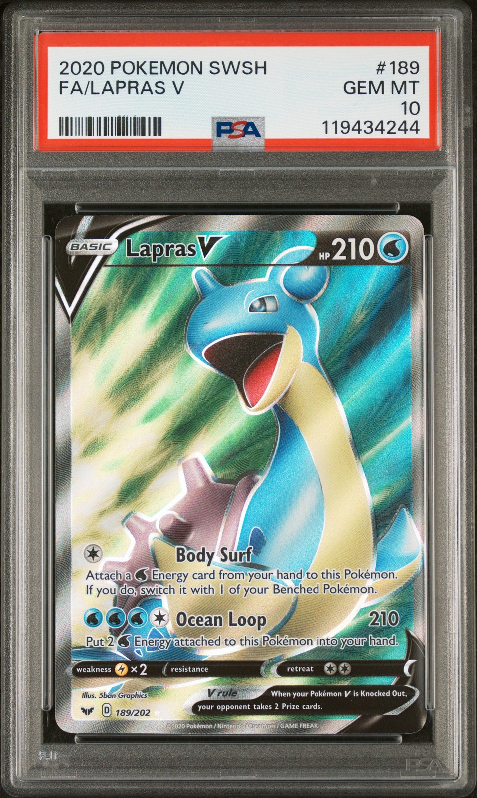 2020 POKEMON SWORD & SHIELD #189 FULL ART/LAPRAS V PSA 10