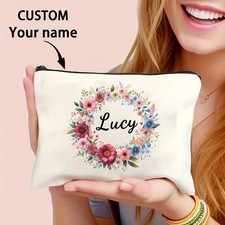 1xCustom Name-Printed Floral Makeup Bag - Personalized Name Cosmetic Organizer  