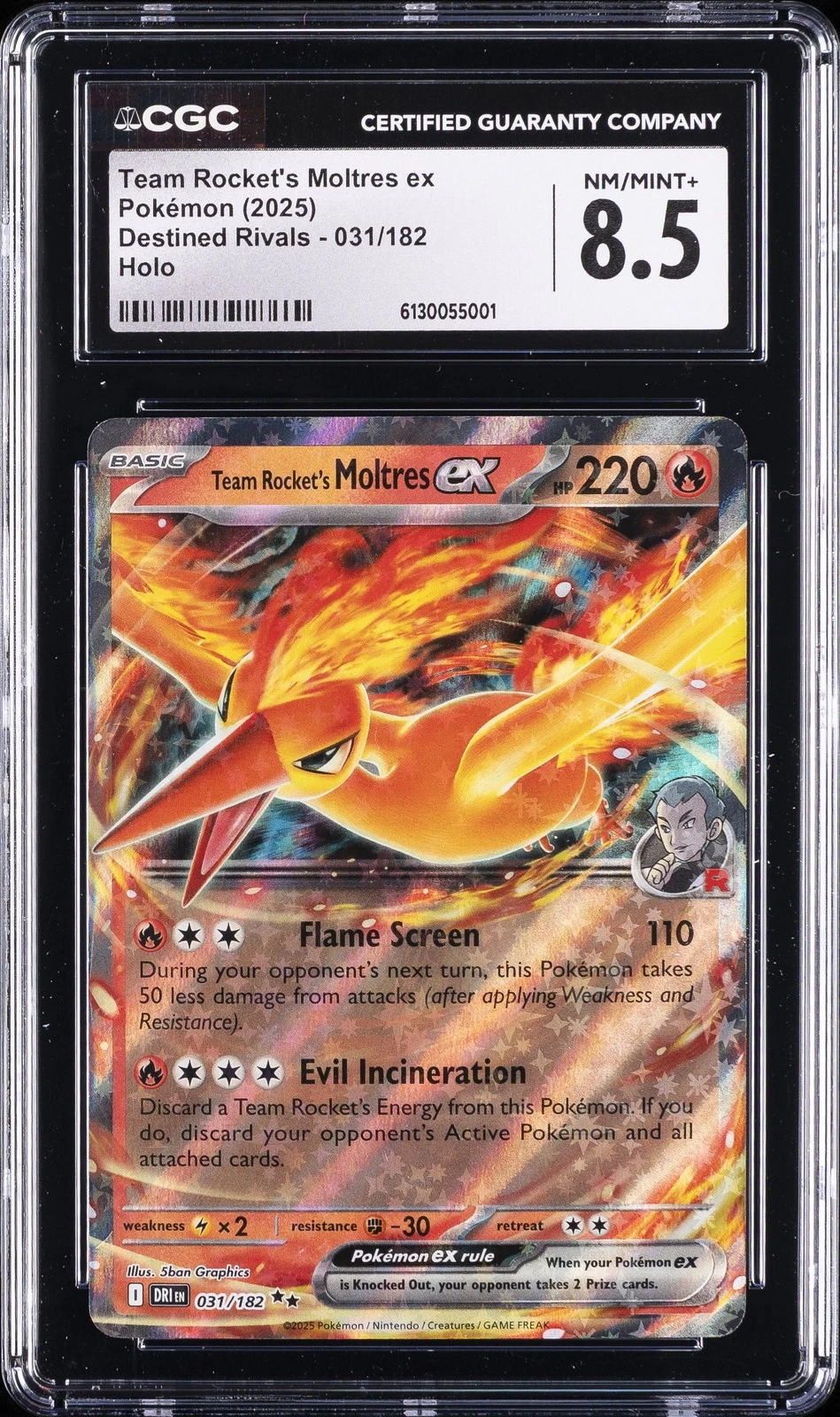 2025 POKEMON DESTINED RIVALS HOLO #031 TEAM ROCKET'S MOLTRES EX CGC 8.5