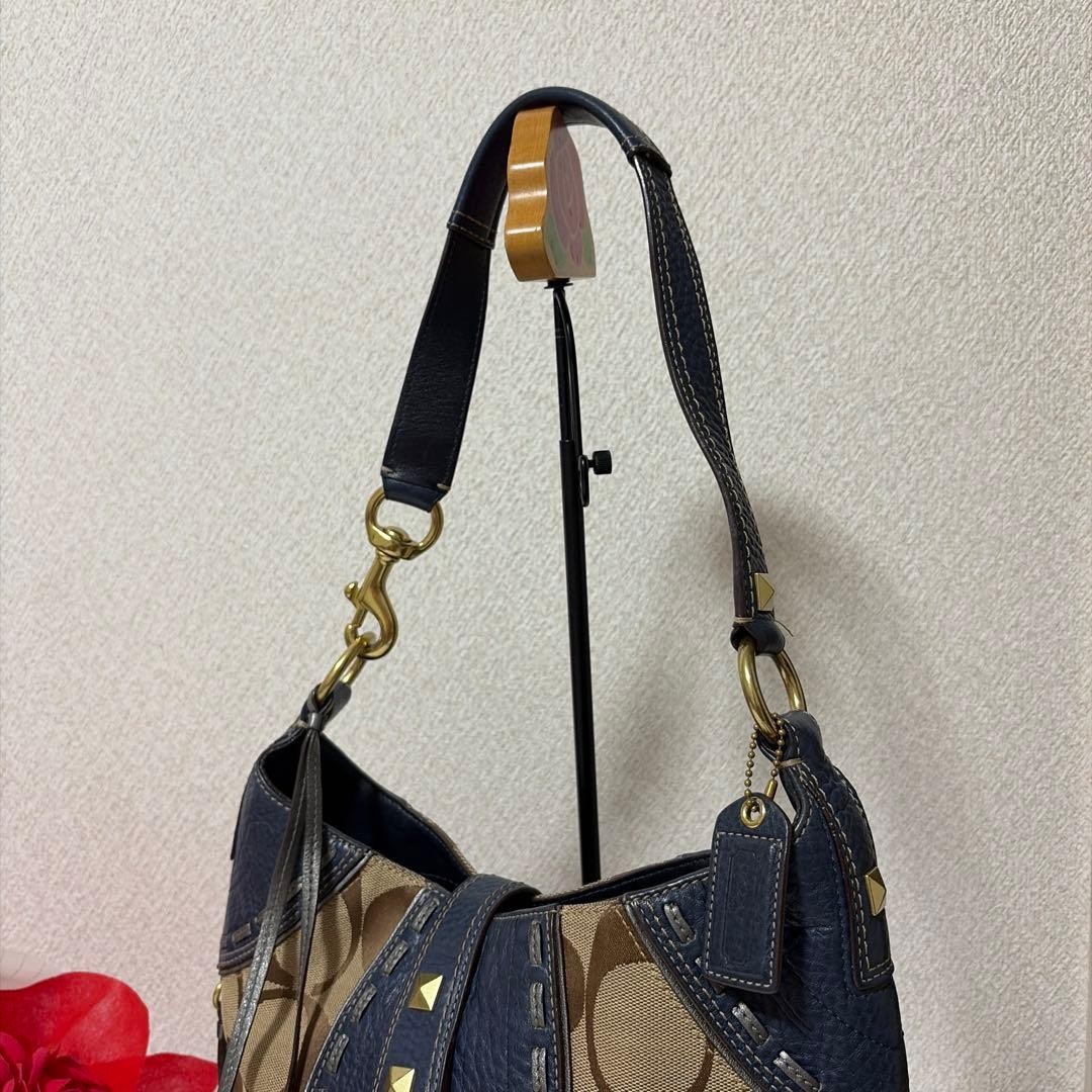 COACH Ergo Soho Jackie Shoulder Bag Canvas Leather Beige Navy Logo