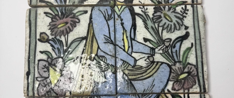 Persian Qajar Style Hand-Painted Ceramic Tile Panel Set of 6 Woman Flowers - Image 4 of 4