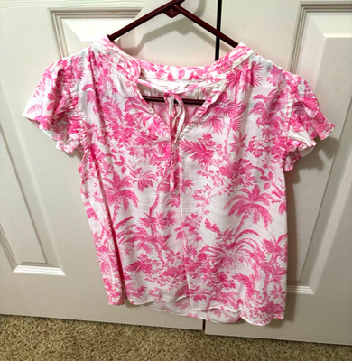 LC Lauren Conrad Pink/White Floral V-Neck Tie Short Sleeve Blouse M