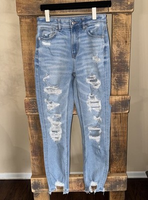 American Eagle Women's Mom Jeans Stretch Blue Denim Sz 2 Long Distressed Casual