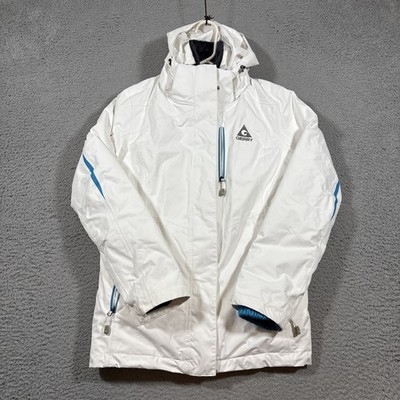 Gerry Women L White Turquoise Winter Ski Jacket Hood Zip Up Pockets Lined 2 in 1