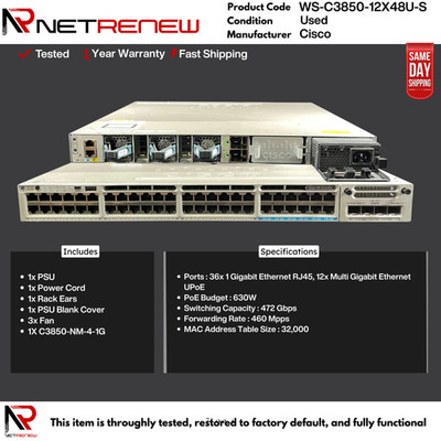 Cisco Catalyst WS-C3850-12X48U-S 48-Port UPOE - w/C3850 -NM-4-1G