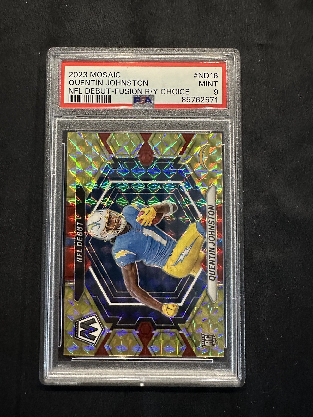 2023 Panini Mosaic Choice Quentin Johnston NFL Debut Red Yellow Fusion /80 PSA 9