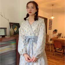 Femme Japonais Kimono Robe Imprimé Floral Manches Ballons Maxi Col V Lolita