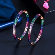 Black Gold Rainbow CZ Round Hoop Earrings for Brides Multicolor Fashion Jewelry