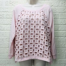 HANNAH Sz M Pink Sweatshirt Trendy Embroidered Holes Large Eyelet Crew Neck ?VG?