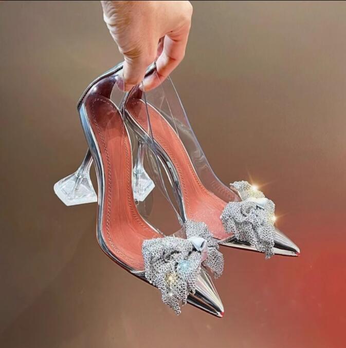 Womens Sexy Transparent Ponty Toe Diamante Bowtie High Heel Pump