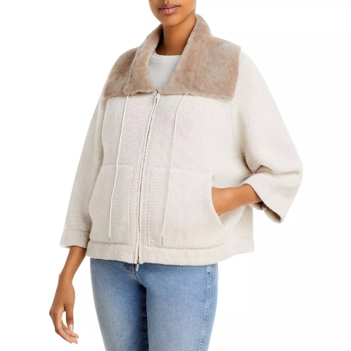 Fabiana Filippi Womens Merino Wool Faux Fur Collar Shirt Jacket