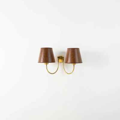 Solid Brass Double Wall Sconce with Leather Rich Brown Shades