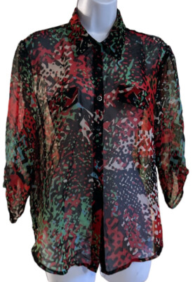 China Doll blouse Women s size L multicolor floral 3/4 sleeve Button Up