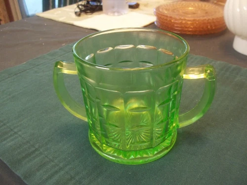 Hazel Atlas Colonial Block Green Depression Uranium Glass Open Sugar Bowl