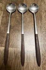 3 Vintage EPIC Stainless ICE Tea Spoons Canoe Muffin Wood Handle 7.5 In. MCM