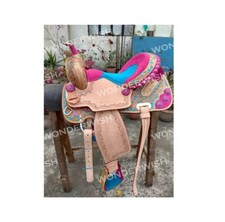 Pink - Blue Floral Tooling Conchos Leather Barrel Horse Saddle Set Size 10"- 18"