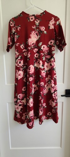 Handmade Girls Full Dress Red Floral Stretch Modest Size 10/12 - Picture 4 of 4